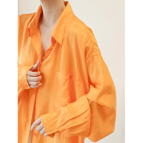 春季多巴胺~橙色vintage襯衫女小衆長袖橘色襯衣慵懶風寬鬆上衣