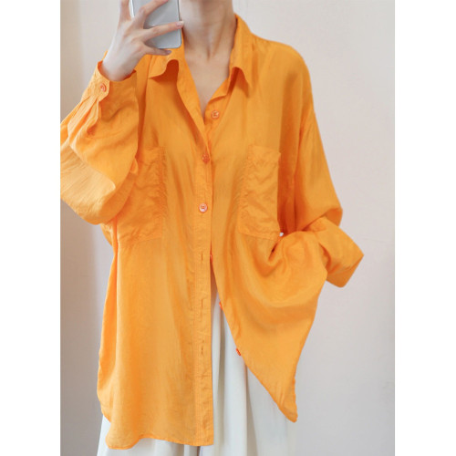 春季多巴胺~橙色vintage襯衫女小衆長袖橘色襯衣慵懶風寬鬆上衣
