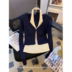 專櫃撤廻剪標安哥拉紅假兩件掛脖針織衫女春季款露膚穿搭薄款開衫