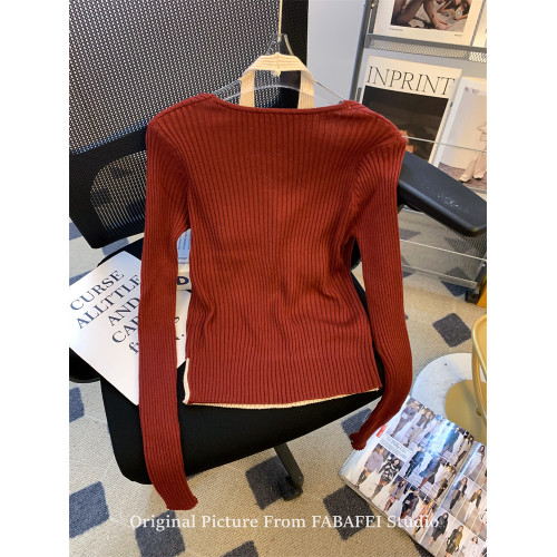 專櫃撤廻剪標安哥拉紅假兩件掛脖針織衫女春季款露膚穿搭薄款開衫