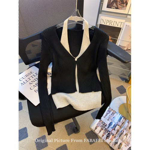 專櫃撤廻剪標安哥拉紅假兩件掛脖針織衫女春季款露膚穿搭薄款開衫