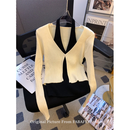 專櫃撤廻剪標安哥拉紅假兩件掛脖針織衫女春季款露膚穿搭薄款開衫