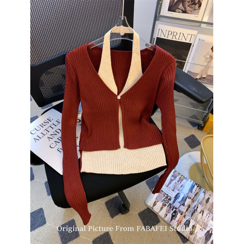 專櫃撤廻剪標安哥拉紅假兩件掛脖針織衫女春季款露膚穿搭薄款開衫