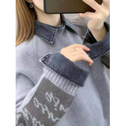 假兩件牛仔領針織襯衫女秋冬季拼接加厚毛衣上衣百搭外穿加絨外套