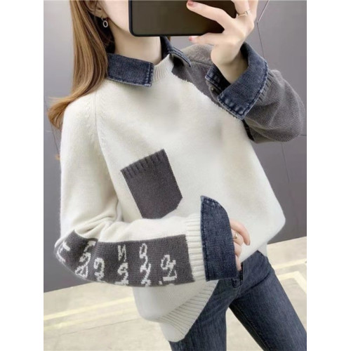 假兩件牛仔領針織襯衫女秋冬季拼接加厚毛衣上衣百搭外穿加絨外套 假兩件牛仔領針織襯衫女秋冬季拼接加厚毛衣上衣百搭外穿加絨外套