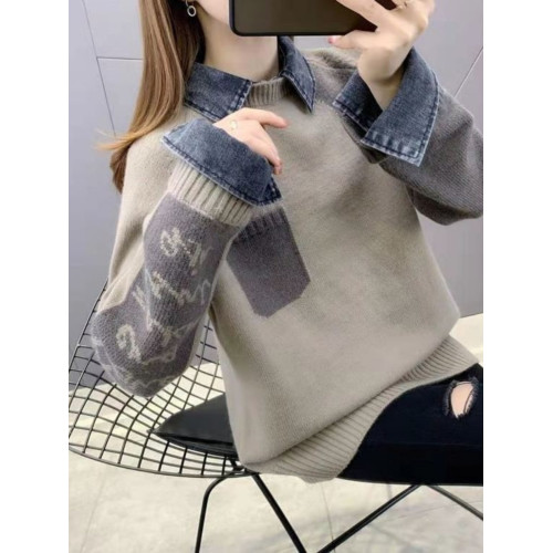 假兩件牛仔領針織襯衫女秋冬季拼接加厚毛衣上衣百搭外穿加絨外套 假兩件牛仔領針織襯衫女秋冬季拼接加厚毛衣上衣百搭外穿加絨外套