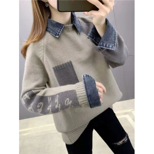 假兩件牛仔領針織襯衫女秋冬季拼接加厚毛衣上衣百搭外穿加絨外套 假兩件牛仔領針織襯衫女秋冬季拼接加厚毛衣上衣百搭外穿加絨外套