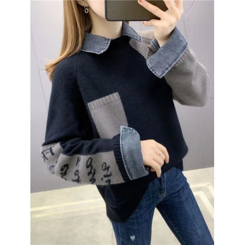 假兩件牛仔領針織襯衫女秋冬季拼接加厚毛衣上衣百搭外穿加絨外套 假兩件牛仔領針織襯衫女秋冬季拼接加厚毛衣上衣百搭外穿加絨外套