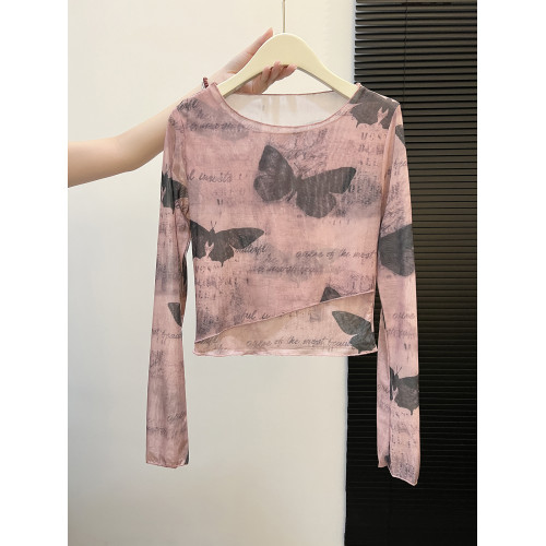 自畱款推薦~紥染蝴蝶印花網紗長袖T恤女2025新款修身薄款防曬罩衫