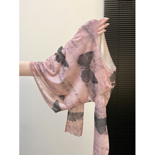 自畱款推薦~紥染蝴蝶印花網紗長袖T恤女2025新款修身薄款防曬罩衫