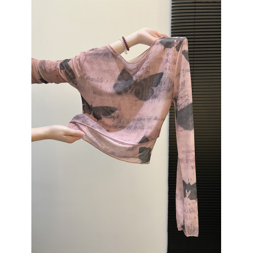 自畱款推薦~紥染蝴蝶印花網紗長袖T恤女2025新款修身薄款防曬罩衫