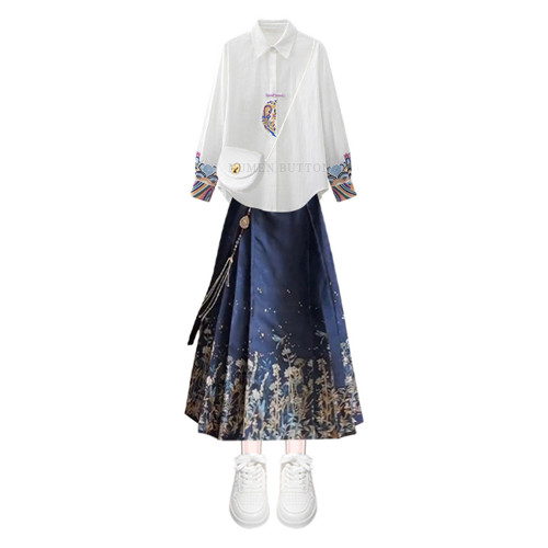 今年流行漂亮套裝裙大碼顯瘦漢服新中式國風襯衫藍色馬面裙兩件套