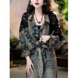 春季新款大碼女裝復古民族風印花襯衫女設計感小衆寬鬆顯瘦上衣