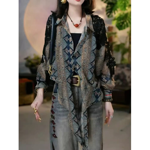 春季新款大碼女裝復古民族風印花襯衫女設計感小衆寬鬆顯瘦上衣 春季新款大碼女裝復古民族風印花襯衫女設計感小衆寬鬆顯瘦上衣