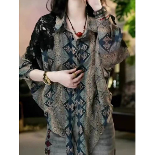 春季新款大碼女裝復古民族風印花襯衫女設計感小衆寬鬆顯瘦上衣 春季新款大碼女裝復古民族風印花襯衫女設計感小衆寬鬆顯瘦上衣