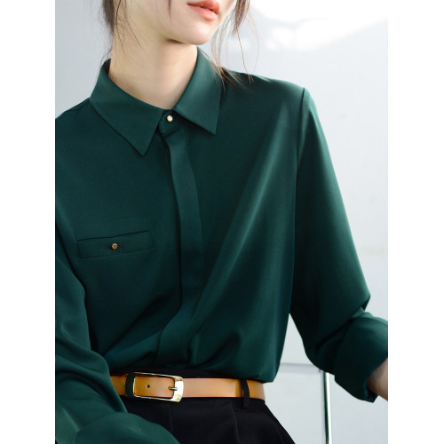 墨綠復古港風襯衫上衣女春裝新款設計感小衆曡穿修身時髦別致襯衣