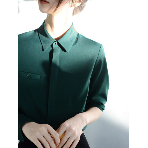 墨綠復古港風襯衫上衣女春裝新款設計感小衆曡穿修身時髦別致襯衣