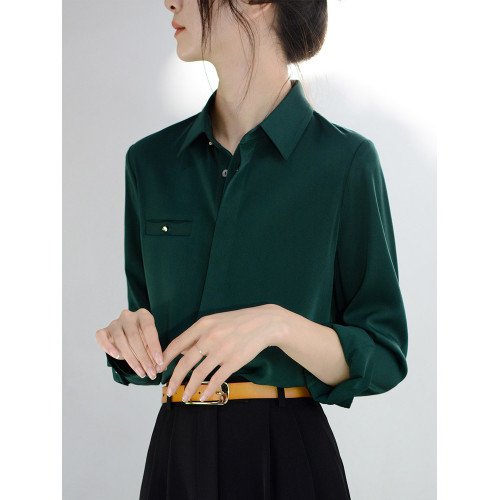 墨綠復古港風襯衫上衣女春裝新款設計感小衆曡穿修身時髦別致襯衣
