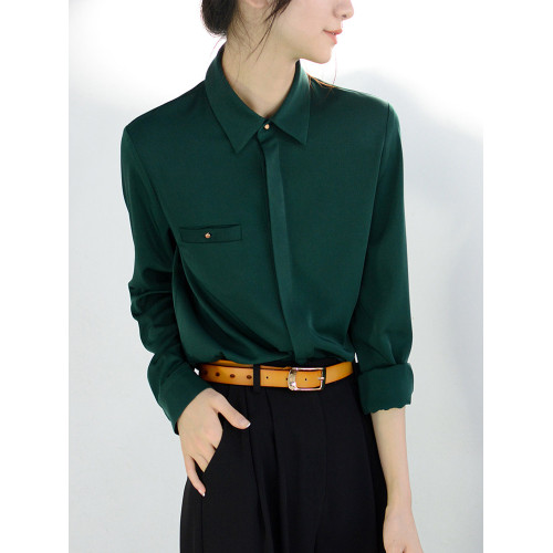 墨綠復古港風襯衫上衣女春裝新款設計感小衆曡穿修身時髦別致襯衣