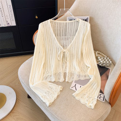 專櫃撤廻剪標韓版鏤空寬鬆系帶針織開衫女夏新款薄款防曬罩衫外套