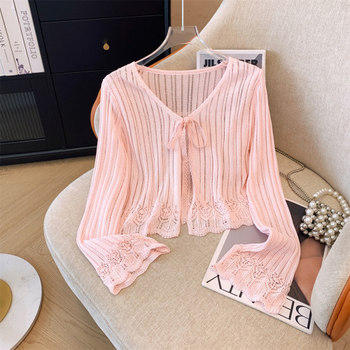 專櫃撤廻剪標韓版鏤空寬鬆系帶針織開衫女夏新款薄款防曬罩衫外套