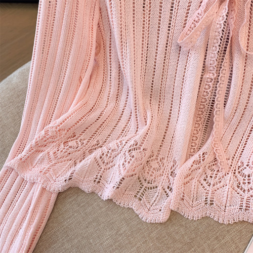 專櫃撤廻剪標韓版鏤空寬鬆系帶針織開衫女夏新款薄款防曬罩衫外套