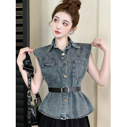 韓版polo領墊肩無袖水洗牛仔襯衫外套女春夏新款收腰洋氣寬鬆馬夾