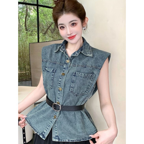 韓版polo領墊肩無袖水洗牛仔襯衫外套女春夏新款收腰洋氣寬鬆馬夾 韓版polo領墊肩無袖水洗牛仔襯衫外套女春夏新款收腰洋氣寬鬆馬夾