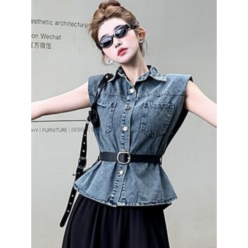 韓版polo領墊肩無袖水洗牛仔襯衫外套女春夏新款收腰洋氣寬鬆馬夾 韓版polo領墊肩無袖水洗牛仔襯衫外套女春夏新款收腰洋氣寬鬆馬夾