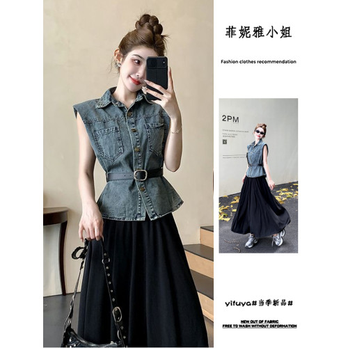 韓版polo領墊肩無袖水洗牛仔襯衫外套女春夏新款收腰洋氣寬鬆馬夾 韓版polo領墊肩無袖水洗牛仔襯衫外套女春夏新款收腰洋氣寬鬆馬夾