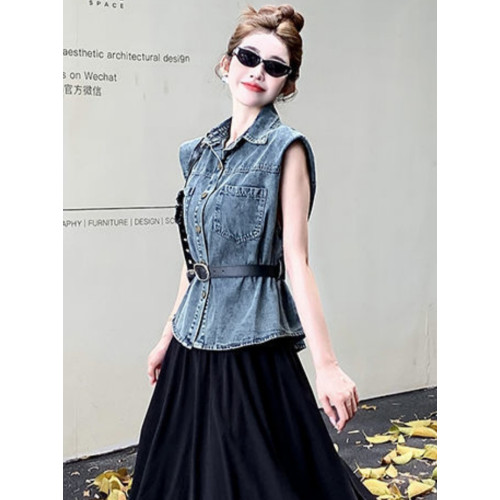 韓版polo領墊肩無袖水洗牛仔襯衫外套女春夏新款收腰洋氣寬鬆馬夾 韓版polo領墊肩無袖水洗牛仔襯衫外套女春夏新款收腰洋氣寬鬆馬夾