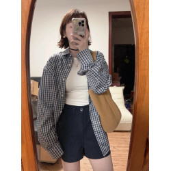 美式復古藍色格子襯衫女春秋韓系開衫外搭上衣寬鬆慵懶風長袖襯衣