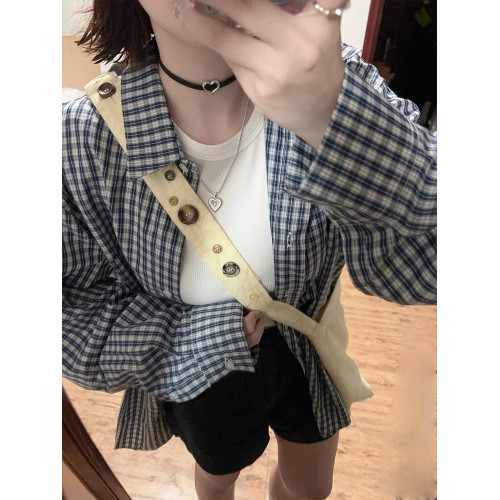 美式復古藍色格子襯衫女春秋韓系開衫外搭上衣寬鬆慵懶風長袖襯衣