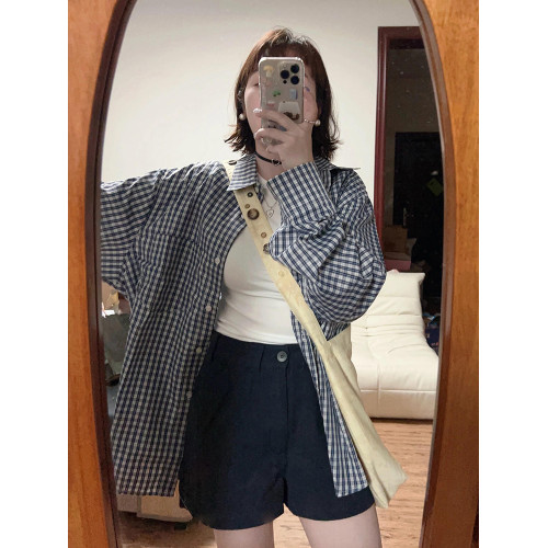 美式復古藍色格子襯衫女春秋韓系開衫外搭上衣寬鬆慵懶風長袖襯衣