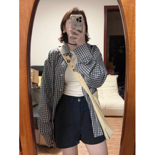 美式復古藍色格子襯衫女春秋韓系開衫外搭上衣寬鬆慵懶風長袖襯衣