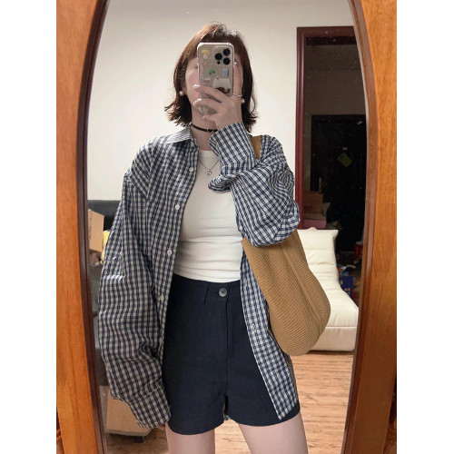 美式復古藍色格子襯衫女春秋韓系開衫外搭上衣寬鬆慵懶風長袖襯衣