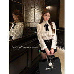 FanyFloss法式撞色蝴蝶結釘鑽白色襯衫顯瘦泡泡袖釘珠收腰ol襯衣