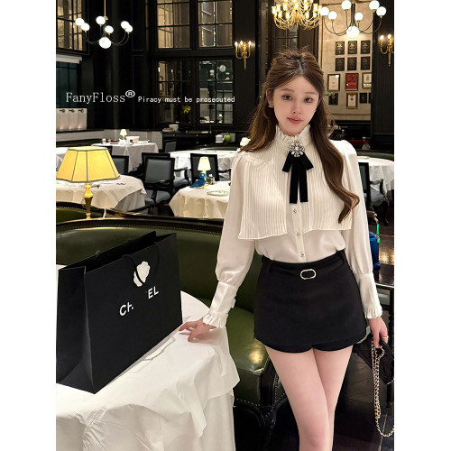 FanyFloss法式撞色蝴蝶結釘鑽白色襯衫顯瘦泡泡袖釘珠收腰ol襯衣
