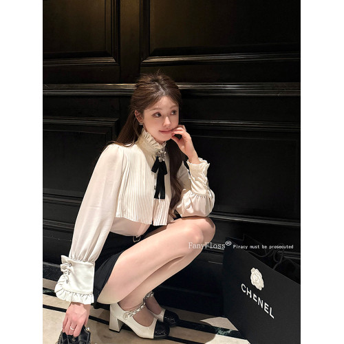 FanyFloss法式撞色蝴蝶結釘鑽白色襯衫顯瘦泡泡袖釘珠收腰ol襯衣