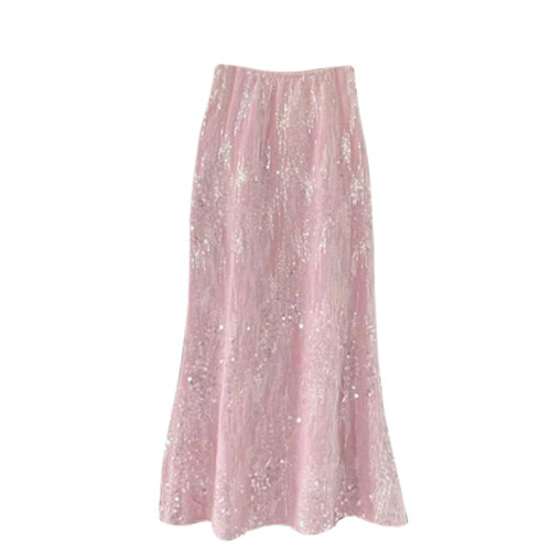 Snow White夏季新款2023復古重工亮片粉紅色珠片閃閃半身裙顯瘦潮