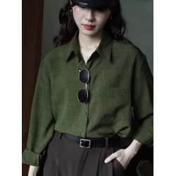 新款秋季長袖襯衫文藝復古寬鬆上衣綠色內搭設計感港味純色襯衫女
