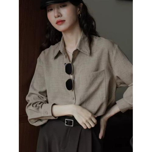 新款秋季長袖襯衫文藝復古寬鬆上衣綠色內搭設計感港味純色襯衫女