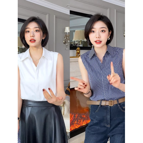 簡約百搭繙領襯衫馬甲背心女裝春季新款寬鬆休閒內搭無袖坎肩外穿