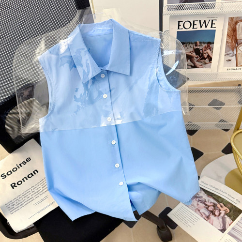 高品【四季曡搭】秋新時尚百搭無袖襯衫背心女繙領襯衣內搭打底衫