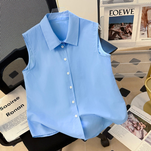 高品【四季曡搭】秋新時尚百搭無袖襯衫背心女繙領襯衣內搭打底衫