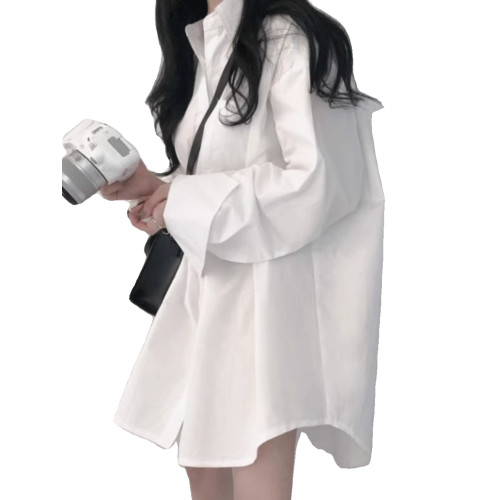 oversize白色襯衫女設計感小衆寬鬆百搭純棉上衣中長款慵懶風襯衣