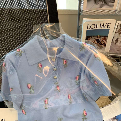 今年流行爆款小香風印花短袖polo領針織衫女2025新款減齡洋氣上衣