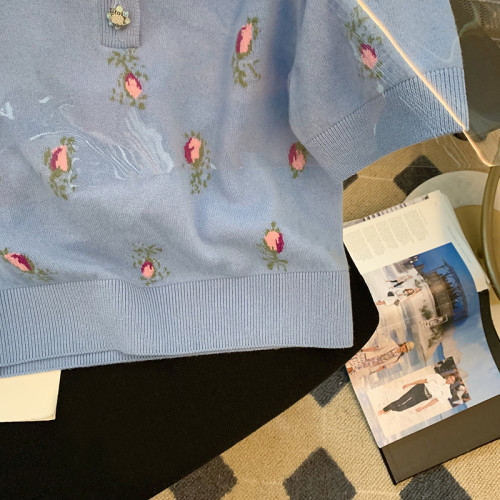 今年流行爆款小香風印花短袖polo領針織衫女2025新款減齡洋氣上衣