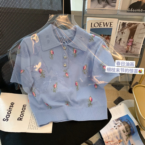 今年流行爆款小香風印花短袖polo領針織衫女2025新款減齡洋氣上衣