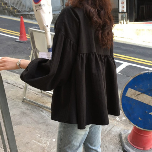 早春秋甜美燈籠8分袖襯衫韓版薄款娃娃衫女寬鬆遮肚短款上衣蓬蓬